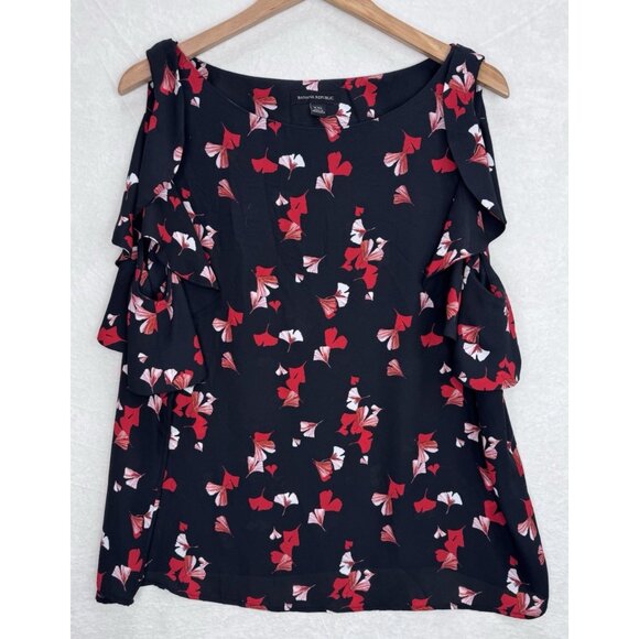 Banana Republic Women's Black Floral Ruffle Sleeve Top XXL - Picture 1 of 8